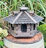 DARLUX Sechseck Vogelhaus aus Holz L - XL Futterstelle mit und ohne Ständer handgefertigt (XL ohne Ständer, Dunkelbraun)
