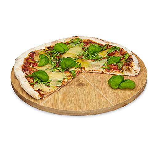 Relaxdays Pizzateller Bambus 33 cm Durchmesser, Schneidbrett aus Holz, schnittfestes Pizzabrett mit 6-facher Einteilung für gleichmäßig große Stücke, Holzteller für Pizza, natur