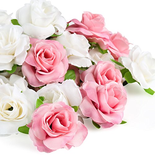 Kesote 50 Stück Künstliche Blumenköpfe Blütenköpfe Kunst Blumen Rosen Köpfe für Hochzeit Party Deko DIY (Ø 4cm, Weiß und Rosa)