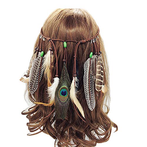 Jurxy Böhmische Pfau Feder Kopfschmuck Stirnband Damen Hippie Boho Indianer Stirnbänder Zigeuner Headwear Weben Frau Mädchen Lieblings Haarschmuck – Braun- Stil 3