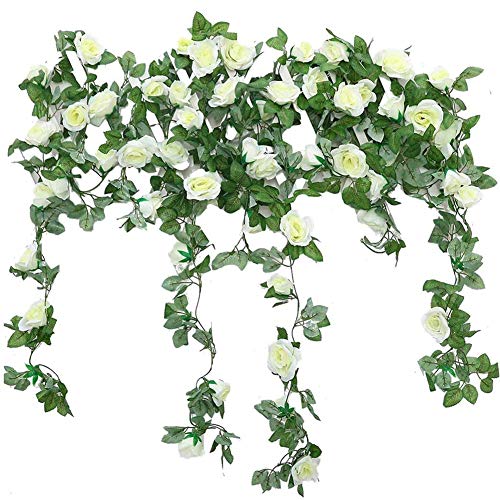 JUSTOYOU 2 Pack 7.2ft Künstliche Fake Rose Girlande Reben Hängende Seide Blumen für Outdoor Indoor Hochzeit Wand Badroom Dekoration (Weiß)