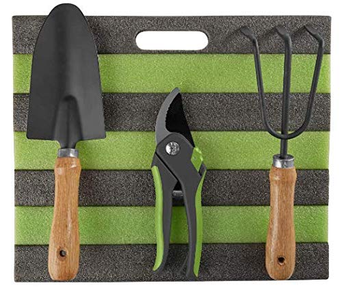 Grouw - Gartenwerkzeug, Gartengeräte Set - Harke, Schaufel, Schere, Kniekissen / -schoner - 4 teilig aus Holz und Edelstahl für die Gartenarbeit