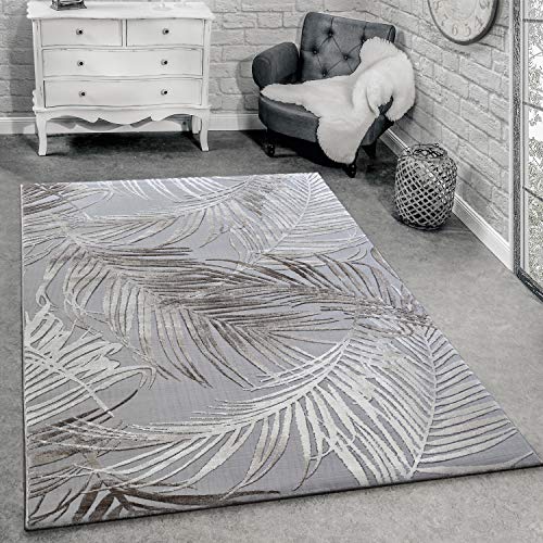 Paco Home Designer Teppich Modern Wohnzimmer Teppiche 3D Palmen Muster In Grau Beige Creme, Grösse:80x150 cm