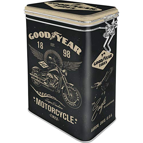 Nostalgic-Art 31116 Retro Kaffeedose Goodyear – Motorcycle – Geschenk-Idee für Auto-und Motorrad-Fans, Blech-Dose mit Aromadeckel, Vintage Design, 1,3 l