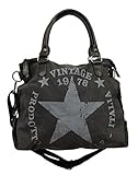 JameStyle26 Star Bag Vintage Stern Damen Stamp Tasche Fashion Shopper Henkeltasche Canvas Stoff, Schwarz, Maße: L: 45cm H: 42cm B: 18cm