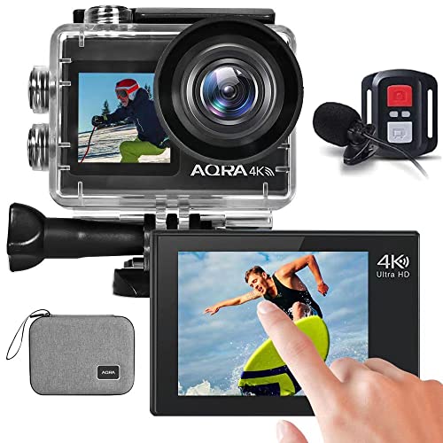 Action cam, Unterwasserkamera, 4K 24MP / 30FPS -170 ° Weitwinkel WiFi Touchscreen Doppelbildschirm Action Kamera, mit Tragetasche, External Microphone, Fernbedienung und 2x1350mAh Akkus Zubehör Kit