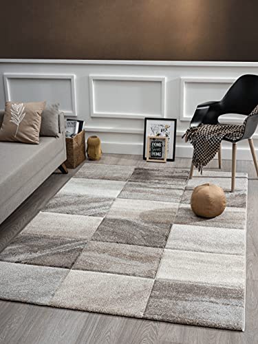 the carpet Monde Deluxe Wohnzimmer Teppich Hand Carved, Kurzflor, Braun, Beige, Quadrat Muster, 160 x 230 cm
