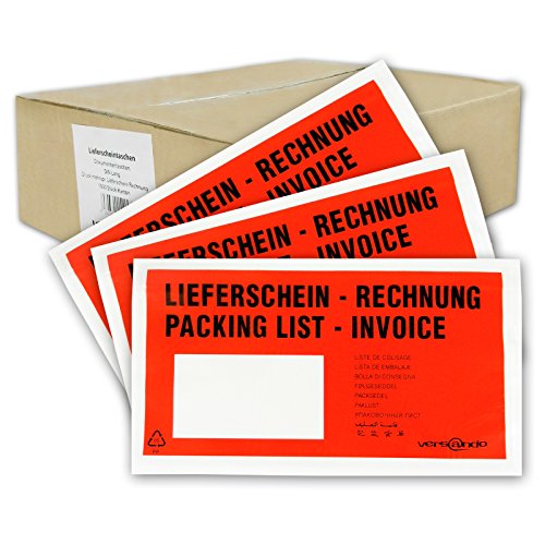 1000 Begleitpapiertaschen Lieferscheintaschen versando DIN lang DL 23,5x13cm rot/schwarz bedruckt Lieferschein/Rechnung selbstklebend