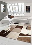 Designer Teppich Moderner Teppich Wohnzimmer Teppich Kurzflor Teppich mit Konturenschnitt Karo Muster Braun Beige Mocca Größe 160x230 cm