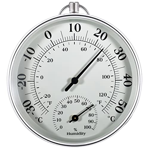 Thermometer Aussen - 10cm Kabelloses Wandmontiertes Thermometer und Hygrometer, Analoges Thermo-Hygrometer Geeignet für Häuser, Gewächshäuser, Gärten, Autos, Batteriefrei (Grau)