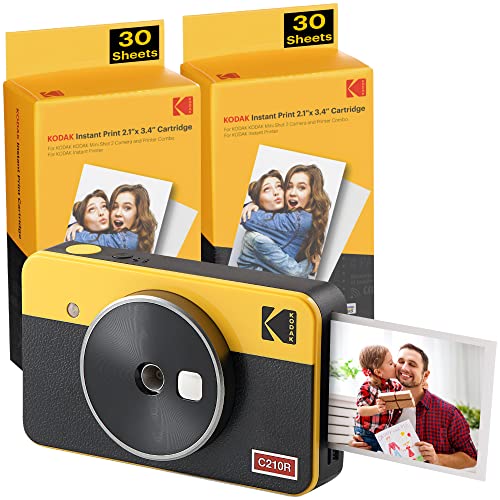 Kodak Mini Shot 2 Retro, Tragbare Sofortbildkamera und Fotodrucker, iOS und Android, Bluetooth, 4Pass-Technologie (54 x 86 mm) – Gelb – 68 Blatt