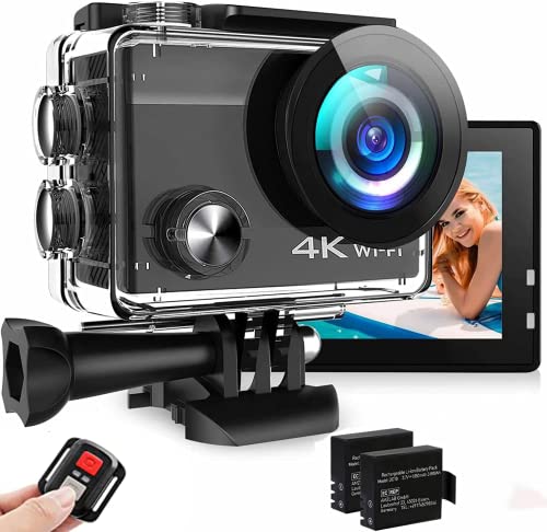 Action Cam 4K Unterwasserkamera 20MP 50FPS Wi-Fi 40M mit IPS-Touchscreen 2 Zoll Ultra HD 170° Weitwinkel, Fernbedienung, 2 wiederaufladbare Batterien, Zubehörset