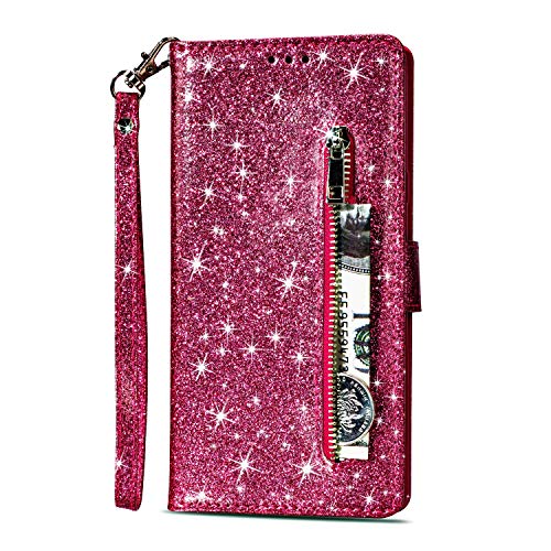 Artfeel Reißverschluss Brieftasche Hülle für Samsung Galaxy S7, Bling Glitzer Leder Handyhülle mit Kartenhalter,Flip Magnetverschluss Stand Schutzhülle mit Tasche und Handschlaufe-Rose Rot