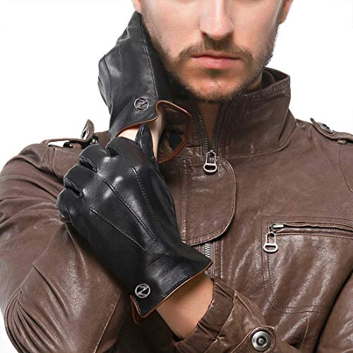 Nappaglo Herren Lederhandschuhe Winter Warme Fahren Handschuhe mit Langes Fleecefutter (Schwarz, L, Touchscreen)