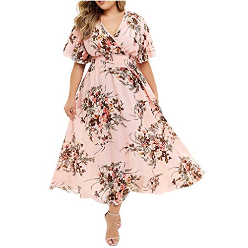 Plus Size Maxikleider Mode Sommerkleid Damen Blumendruck V-Ausschnitt Abendkleid Kurzarm Freizeitkleid Kurzärmliges Kleid mit für in Übergröße Schönes Tunikakleid Partykleid