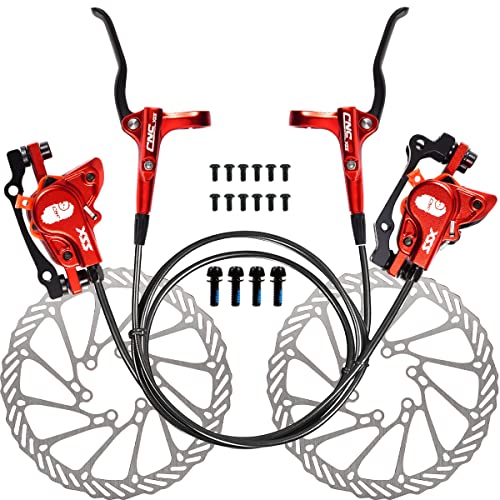 CNC Hydraulische Scheibenbremse Fahrrad，Fahrrad Scheibenbremse Set ，Hydraulische Bremse Fahrrad Vorne Und Hinten aus Aluminiumlegierung für MTB Mountainbike，Rot