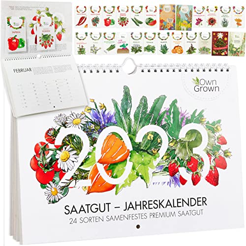 Saatgut Kalender 2023 Wandkalender A4: Garten Wandkalender 2023 – Monatskalender mit 24 Sorten Gemüse Samen, Kräuter, Obst, Blumen – OwnGrown Jahreskalender 2023