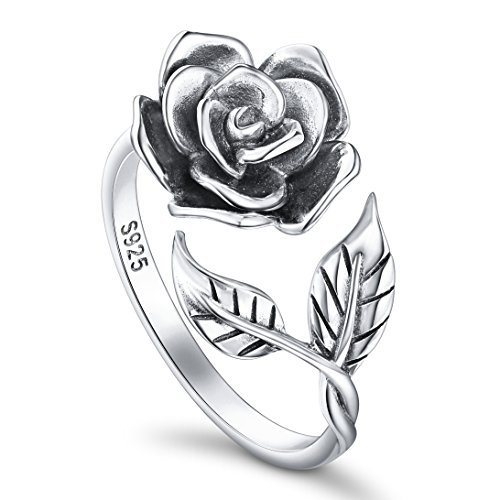 DAOCHONG Ringe für Damen S925 Sterling Silber Rose Blume Verstellbaren Ringen Romantisches Geschenk für Sie,Oxidized Ring Size 7