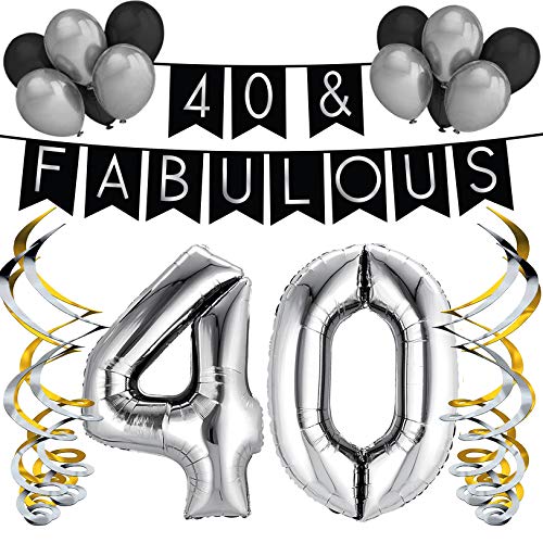Sterling James Co. „40 & Fabulous“ Geburstagsdeko Set – Schwarz & Silber Girlande, Ballons und Wirbel – Party Dekoration für Geburtstag – Geburtstags Dekorationsset für 40.