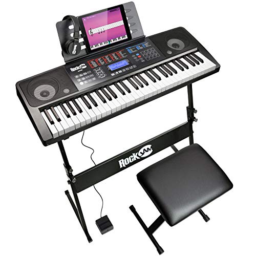 Rockjam 61 Key Touch Display Tastatur Piano Kit mit digitaler Klavierbank, elektrischer Klavierständer, Kopfhörer-Klavier-Anmerkungs-Aufkleber, Sustain Pedal & einfach Klavierunterricht