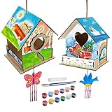 KUWAN Basteln für Kinder, 2 Stück DIY Vogelhaus Holzkunst zum bemalen Kit Vogelhaus Pigment Bemalen Unvollendete Set Vogelhaus Bausatz Kinder