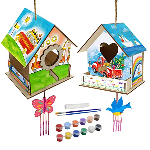 KUWAN Basteln für Kinder, 2 Stück DIY Vogelhaus Holzkunst zum bemalen Kit Vogelhaus Pigment Bemalen Unvollendete Set Vogelhaus Bausatz Kinder