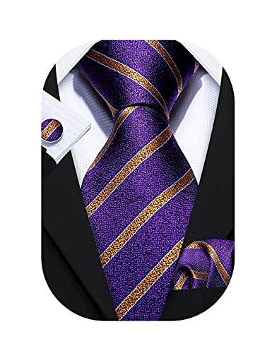 Barry.Wang Herren-Krawatten-Set, gestreift, klassisch, gewebt, mit Taschentuch, Manschettenknöpfen, formell, Violette und goldene Nadelstreifen, Einheitsgröße