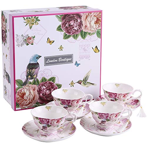London Boutique Teeservice aus Porzellan, Kaffeetassen/Teetassen mit Untertassen, Vogel-, Blumen- und Schmetterlingsmotive, 4-teiliges Set Geschenk-Box (Vogel Rose Schmetterling)