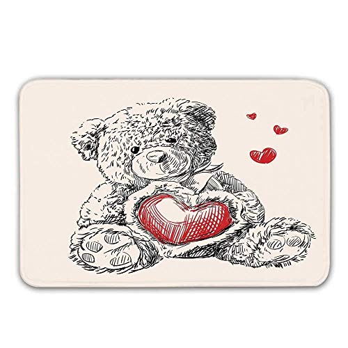 YnimioHOB rutschfeste Gekritzel-Gummieingangs-Wolldecke, ausführliche Teddybär-Zeichnung mit Herzen anstelle Einer schwimmenden Herz-dekorativen Bauch-Mini-Fußmatte für Haustür
