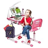 DREAMADE höhenverstellbarer Kinderschreibtisch mit Lampe & Bücherständer, Schülerschreibtisch Jugendschreibtisch neigungsverstellbar, Schreibtisch Set für Kinder mit Stuhl und Schublade (Pink)