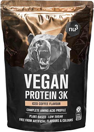 nu3 Vegan Protein 3K Shake (1kg) - Protein Pulver vegan Iced Coffee mit Sonnenblumen Proteinpulver, Reis-, Erbsen- & Johannisbrotprotein - Mehrkomponenten Eiweiss Protein Pulver mit 73% Eiweiss
