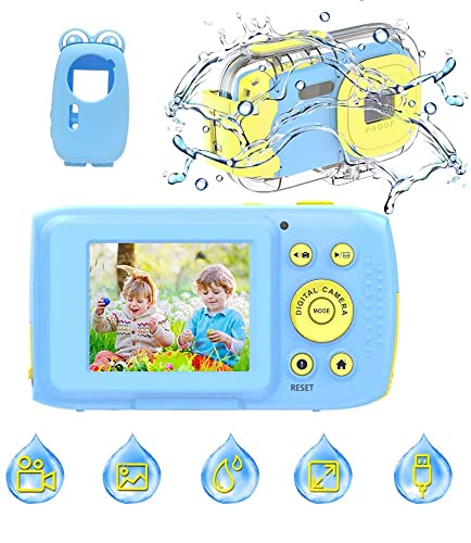 YinFun Kinderkamera wasserdichte Kamera 8 MP 2 Zoll Bildschirm 10 Fuß Unterwasserkamera für Kinder Blau 1080P Wasserdicht