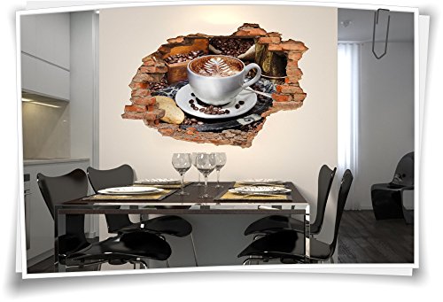 3D Wanddurchbruch Wandbild Wandtattoo Aufkleber Sticker Kaffee Kaffeebohnen Kaffeetasse Gebäck, 120x80cm