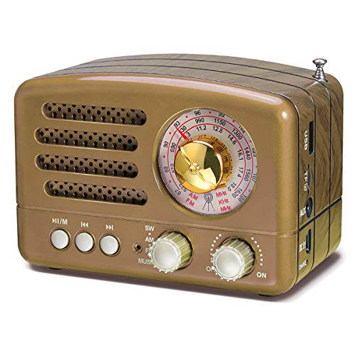 PRUNUS J-160 AM/FM/SW Retro Radio mit Bluetooth, Nostalgie Radio Klein mit 1800mAh Wiederaufladbare Batterie, Kleines Radio Weltempfänger Radio, Transistorradio Unterstützt USB/TF/Aux Funktion.(Gold)