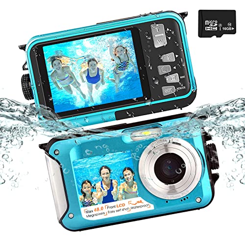 POSSRAB 3 m Unterwasserkamera, 48 MP Foto 2.7 K Video wasserdichte Kamera, Dual-Display EIS Digitale Unterwasserkamera für Schnorcheln, Surfen, Schwimmen