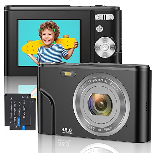 Digitalkamera Autofokus Fotokamera 1080P FHD Mini Videokamera 48MP Wiederaufladbare Kleine Kamera 16X Digitalzoom Kompaktkamera Geschenk Kinder,Studenten,Erwachsene,Anfänger,2 Batterien (Schwarz)