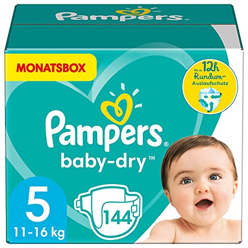 Pampers Windeln Größe 5 (11-16kg) Baby Dry, 144 Stück, MONATSBOX, Bis Zu 12 Stunden Rundum-Auslaufschutz