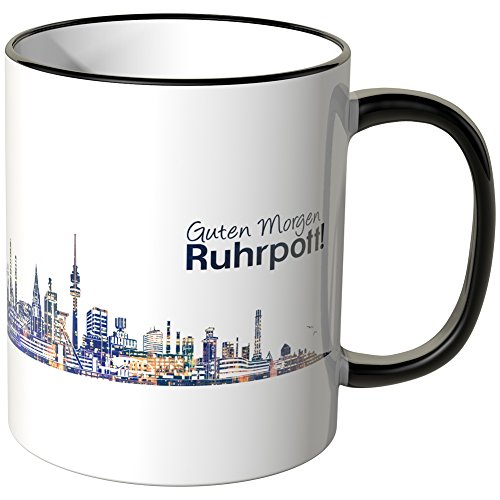 WANDKINGS® Tasse, Schriftzug Guten Morgen Ruhrpott! mit Skyline bei Nacht - SCHWARZ