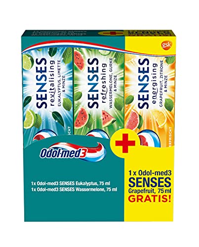 Odol-med 3 Senses Eukalyptus + Senses Wassermelone + Senses Grapefruit gratis, 3 x 75ml