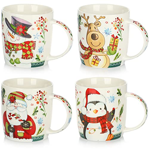 com-four® 4x Kaffeebecher aus Porzellan - Kaffee-Tasse für Weihnachten mit bunten Motiven - Kaffeepott für Kalt- und Heißgetränke - 370 ml (04 Stück - Weihnachtsmotive)