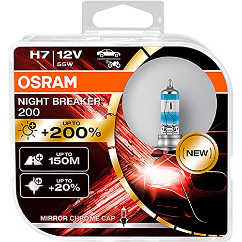 Osram NIGHT BREAKER 200, H7, + 200% Licht, Halogenlampe für Scheinwerfer, 64210NB200-HCB, 12-V-Auto, Doppelbox (2 Lampen), Silber