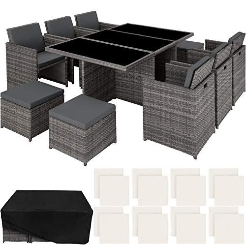 TecTake Aluminium Poly Rattan Sitzgruppe 6+1+4, klappbar, für bis zu 10 Personen, inkl. Schutzhülle und Edelstahlschrauben (Grau)