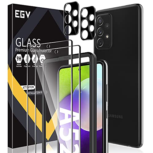 EGV Schutzfolie Kompatibel mit Samsung Galaxy A52 Panzerglas, mit Null Fehler Positionierhilfe, 2 Folie und 2 Kamera Schutzfolie, 9H Härte Folie, HD Klar Displayschutzfolie