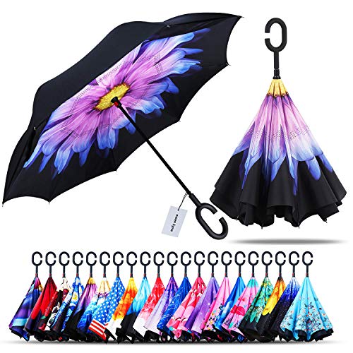 Owen Kyne Winddichter doppellagiger faltbarer umgekehrter Regenschirm, selbststehend, umgekehrter Regenschutz, Auto-Umkehr-Schirme mit C-förmigem Griff (violette Gänseblümchen)
