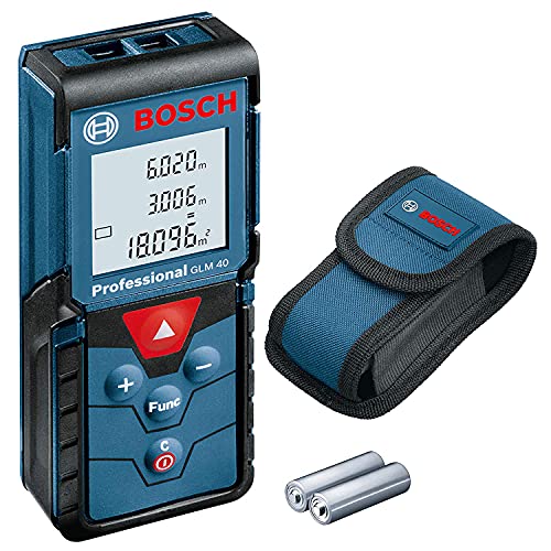 Bosch Professional Laser Entfernungsmesser GLM 40 (Flächen-/Volumenberechnung, max. Messbereich: 40 m, 2x 1,5-V Batterien, Schutztasche), Blau