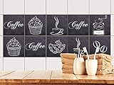 GRAZDesign Fliesenaufkleber Küche Kaffee Motive grau, Klebefolie Klebefliesen, alte Küchenfliesen überkleben, Fliesenbild selbstklebend Fliesen, glänzende Folie, 15x15cm, Set 10 Stück