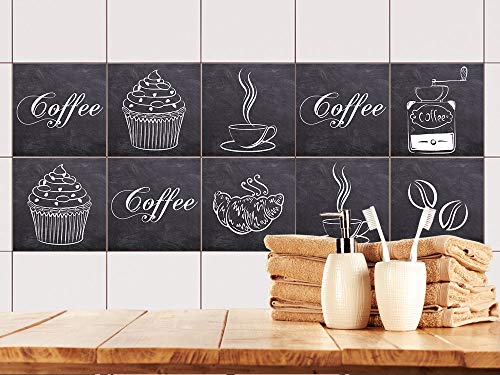 GRAZDesign Klebefliesen Coffee - Fliesenaufkleber Küche Kaffee - Fliesenfolie grau - Fliesenaufkleber mit Tassen / 15x15cm / 10 Stück im Set