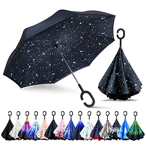 ZOMAKE Inverted Stockschirme, Innovative Schirme Double Layer, Winddicht Regenschirm, Freie Hand,Umgedrehter Regenschirm mit C Griff für Auto Outdoor (Nachthimmel)