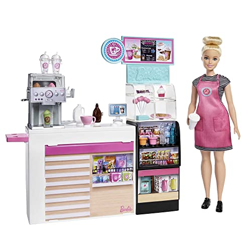 Barbie GMW03 - Naschcafé Spielset, kurviger blonde Barbie (30,4 cm), +20 realistische Spielteile: Maschine, Milch, Sirup, Kaffeebecher, Wasserflaschen, Süßigkeiten, Snacks und mehr, ab 3 Jahren