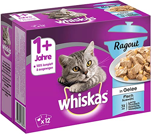 Whiskas 1 + Katzenfutter Ragout – Fisch-Auswahl in Gelee – Abwechslungsreiches Nassfutter in verschiedenen Geschmacksrichtungen – 48 Portionsbeutel à 85g